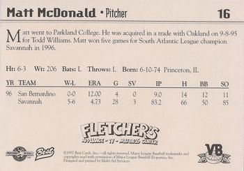 1997 Best Vero Beach Dodgers #16 Matt McDonald Back