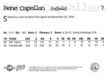 1997 Best West Michigan Whitecaps #7 Rene Capellan Back