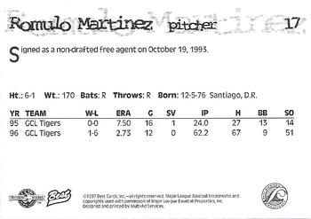 1997 Best West Michigan Whitecaps #17 Romulo Martinez Back