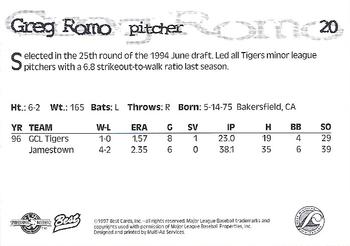 1997 Best West Michigan Whitecaps #20 Greg Romo Back