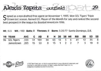 1997 Best West Michigan Whitecaps #29 Alexis Zapata Back