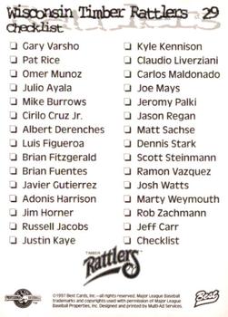 1997 Best Wisconsin Timber Rattlers #29 Team Logo / Checklist Back