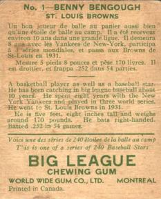 1933 World Wide Gum (V353) #1 Benny Bengough Back