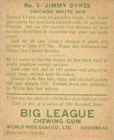 1933 World Wide Gum (V353) #6 Jimmie Dykes Back