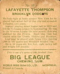 1933 World Wide Gum (V353) #13 Lafayette Thompson Back