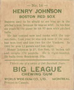1933 World Wide Gum (V353) #14 Henry Johnson Back