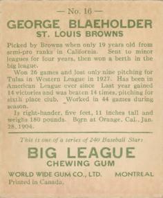 1933 World Wide Gum (V353) #16 George Blaeholder Back