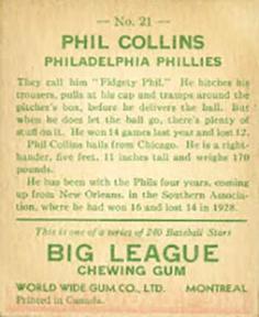 1933 World Wide Gum (V353) #21 Phil Collins Back