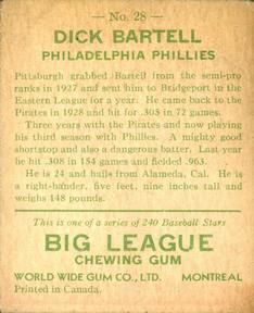 1933 World Wide Gum (V353) #28 Dick Bartell Back