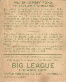 1933 World Wide Gum (V353) #29 Jimmie Foxx Back
