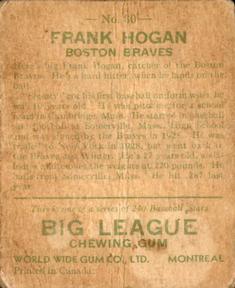 1933 World Wide Gum (V353) #30 Frank Hogan Back