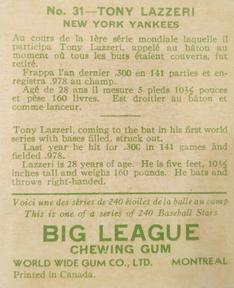 1933 World Wide Gum (V353) #31 Tony Lazzeri Back