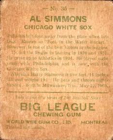 1933 World Wide Gum (V353) #35 Al Simmons Back
