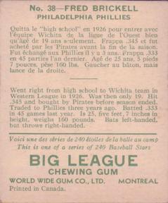 1933 World Wide Gum (V353) #38 Fred Brickell Back