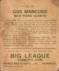1933 World Wide Gum (V353) #41 Gus Mancuso Back