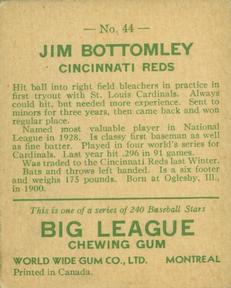 1933 World Wide Gum (V353) #44 Jim Bottomley Back