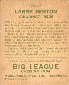 1933 World Wide Gum (V353) #45 Larry Benton Back
