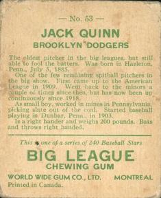 1933 World Wide Gum (V353) #53 Jack Quinn Back