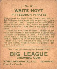1933 World Wide Gum (V353) #60 Waite Hoyt Back