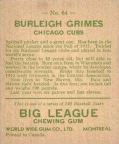 1933 World Wide Gum (V353) #64 Burleigh Grimes Back