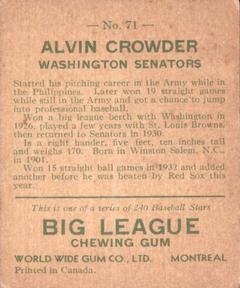 1933 World Wide Gum (V353) #71 Alvin Crowder Back