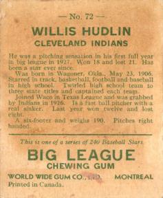 1933 World Wide Gum (V353) #72 Willis Hudlin Back