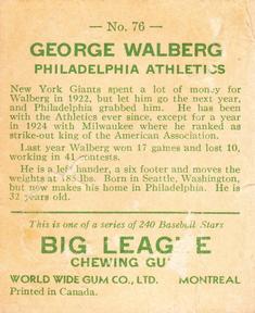 1933 World Wide Gum (V353) #76 George Walberg Back