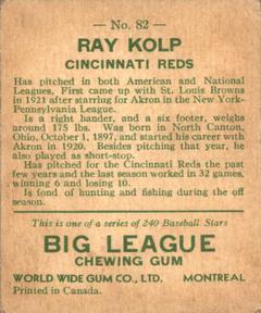 1933 World Wide Gum (V353) #82 Ray Kolp Back