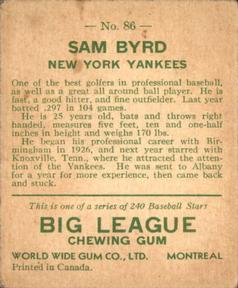 1933 World Wide Gum (V353) #86 Sam Byrd Back