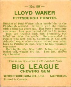 1933 World Wide Gum (V353) #90 Lloyd Waner Back