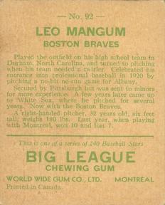 1933 World Wide Gum (V353) #92 Leo Mangum Back