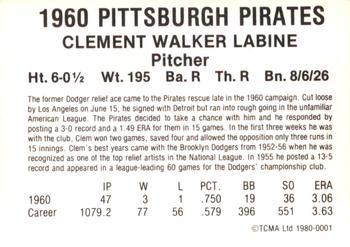 1980 TCMA 1960 Pittsburgh Pirates #0001 Clem Labine Back