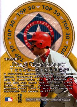1997 Ultra - Top 30 Gold Medallion #10 Juan Gonzalez Back