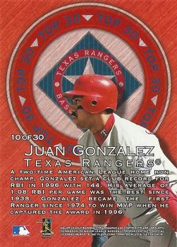 1997 Ultra - Top 30 #10 Juan Gonzalez Back