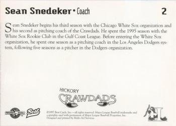 1997 Best Hickory Crawdads Red #2 Sean Snedeker Back