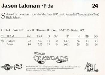 1997 Best Hickory Crawdads Red #24 Jason Lakman Back