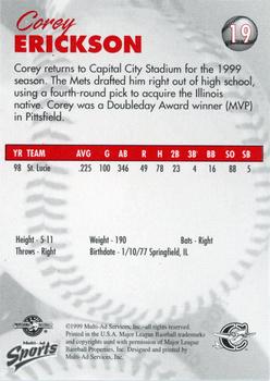 1999 Multi-Ad Capital City Bombers #9 Corey Erickson Back