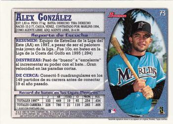 1998 Bowman - International #73 Alex Gonzalez Back