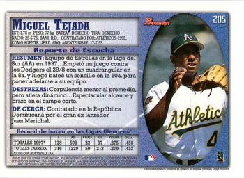 1998 Bowman - International #205 Miguel Tejada Back