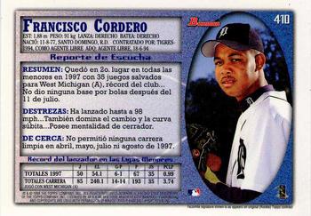 1998 Bowman - International #410 Francisco Cordero Back
