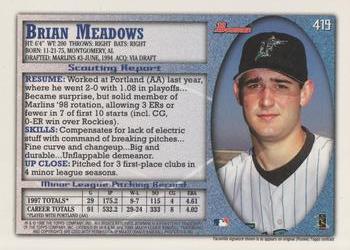 1998 Bowman - International #419 Brian Meadows Back