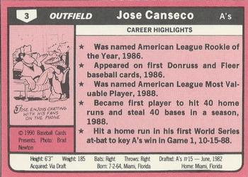 1990 Baseball Cards Presents Baseball Card Boom Repli-cards #3 Jose Canseco Back