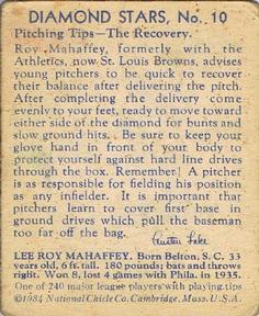 1934-36 National Chicle Diamond Stars (R327) #10 Roy Mahaffey Back