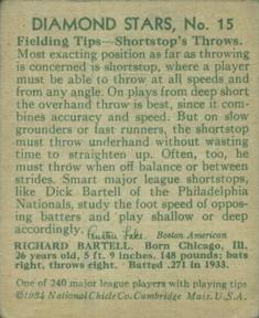 1934-36 National Chicle Diamond Stars (R327) #15 Dick Bartell Back