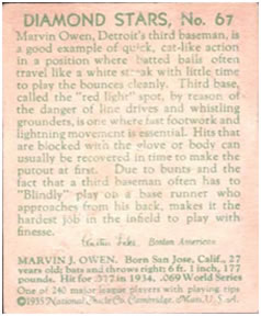 1934-36 National Chicle Diamond Stars (R327) #67 Marvin Owen Back