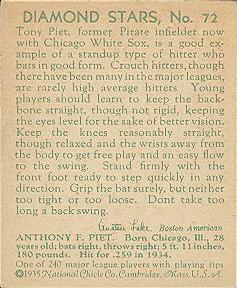 1934-36 National Chicle Diamond Stars (R327) #72 Tony Piet Back
