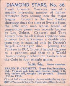 1934-36 National Chicle Diamond Stars (R327) #86 Frank Crosetti Back