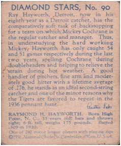 1934-36 National Chicle Diamond Stars (R327) #90 Ray Hayworth Back