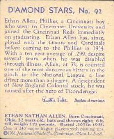 1934-36 National Chicle Diamond Stars (R327) #92 Ethan Allen Back