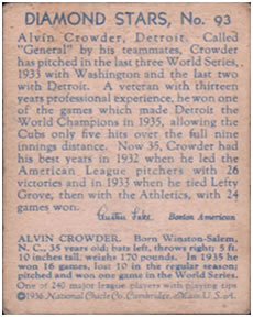 1934-36 National Chicle Diamond Stars (R327) #93 Alvin Crowder Back